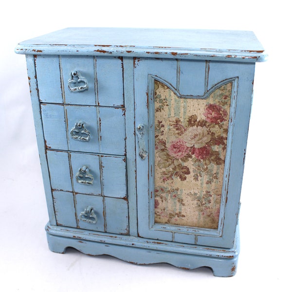 Lovely redone vintage wooden jewelry box - painted wood, blue, chippy, shabby, country, storage box, flowers, roses, repurposed