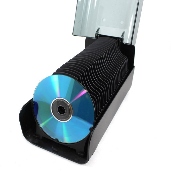 Sleek vintage CD holder - case, storage, black, tabletop, Kensington brand, holds 50 CDs!