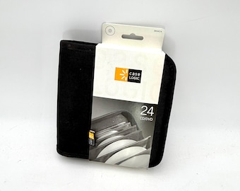 Unused vintage black nylon CD holder - zipper case, 90s, DVDs, storage, travel, car, video games, small, holds 24 discs