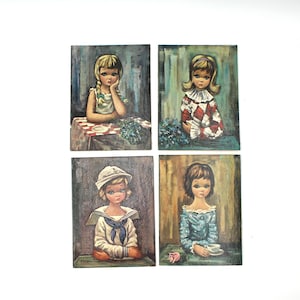 SET OF 4 vintage big eyes prints - artist Eden, harlequins, children, girls, picture, paper lithograph, 1960s wall art