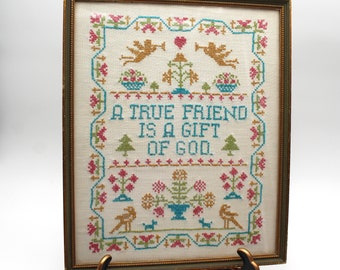 Beautiful vintage framed cross-stitch picture - needlepoint, sampler style, friendship, inspirational saying, quote, antique, embroidery