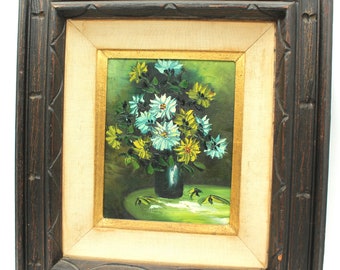 Vintage moody framed oil painting of flowers - large, blue, green, yellow, vase, still life, impressionist, goth, gothic, beautiful!