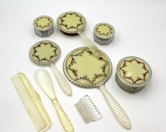 Sweet vintage 9-piece vanity set - clear acrylic, mid century, little girl&#39;s, handheld hand mirror, hairbrush, brush, comb, so pretty!