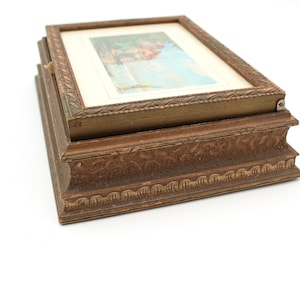 Lovely carved wood jewelry box - Art Nouveau style, trinket box, antique, castle picture, decor, storage, decoration, 1930s, 1940s