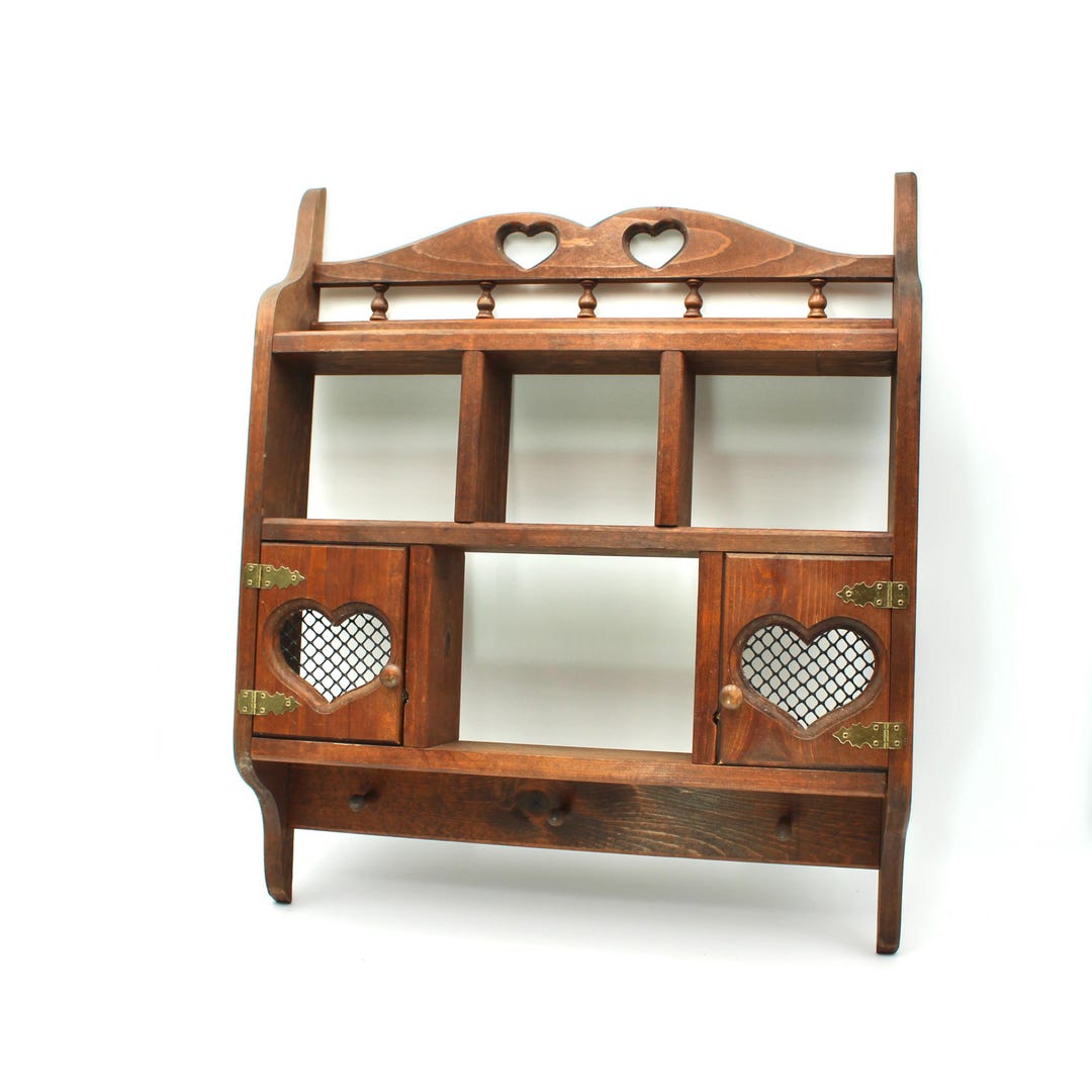 Vintage Wood Wall Shelf With Hooks - Rustic, Small, Heart Cutout, Doors ...