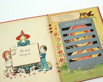 Charming 1943 Mother Goose book - magic window, moving pictures, flap, vintage artwork, fairy tales, nursery rhymes, poetry