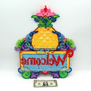 Whimsical Vintage Needlepoint Welcome Sign - Pineapple, Wall Hanging ...