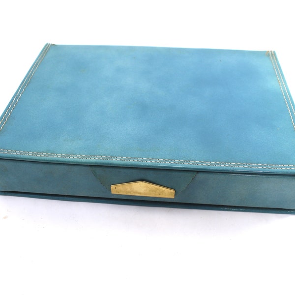 Vintage blue "Holiday" jewelry box - vinyl leather-look, satin and velvet interior, gold tone hardware, 1960s or 1970s