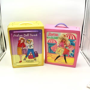 Two vintage 1980s Barbie doll trunks - vintage, cases, wardrobes, latching, pink, 12&quot; doll size, travel, Mattel, 80s, toys, storage, handle