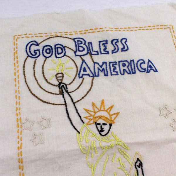 Vintage "God Bless America" needlepoint sampler - Americana, folk art, USA, patriotism, embroidery, cross-stitch, Statue of Liberty