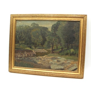 Gorgeous vintage framed original landscape oil painting - trees, river, lake, water, nature, antique, green, gold frame, impressionist