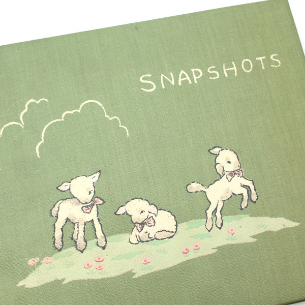 Darling vintage mid-century baby photo album or scrapbook - green, gender neutral, lambs, sheep, small, brag book