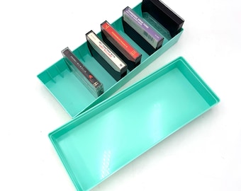 Vintage 1980s turquoise blue cassette tape storage case - plastic, holder, lid, caddy, travel case, holds 15 tapes!