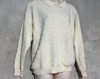 1980s women's Angora and lambswool sweater - vintage, wool blend, beige, cream, long-sleeved, pearl details, size medium, M