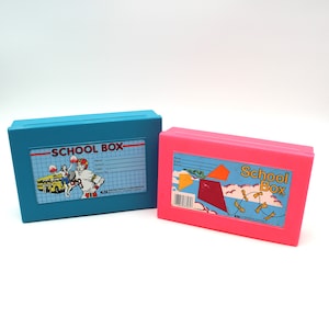 Two plastic 1980s or 1990s pencil boxes or cases - blue, pink, 80s school supplies, holder, office storage, Empire Pencil Corp.