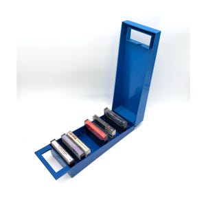 1980s blue plastic cassette tape storage case - vintage, holder, lid, caddy, travel case, holds 15 tapes!