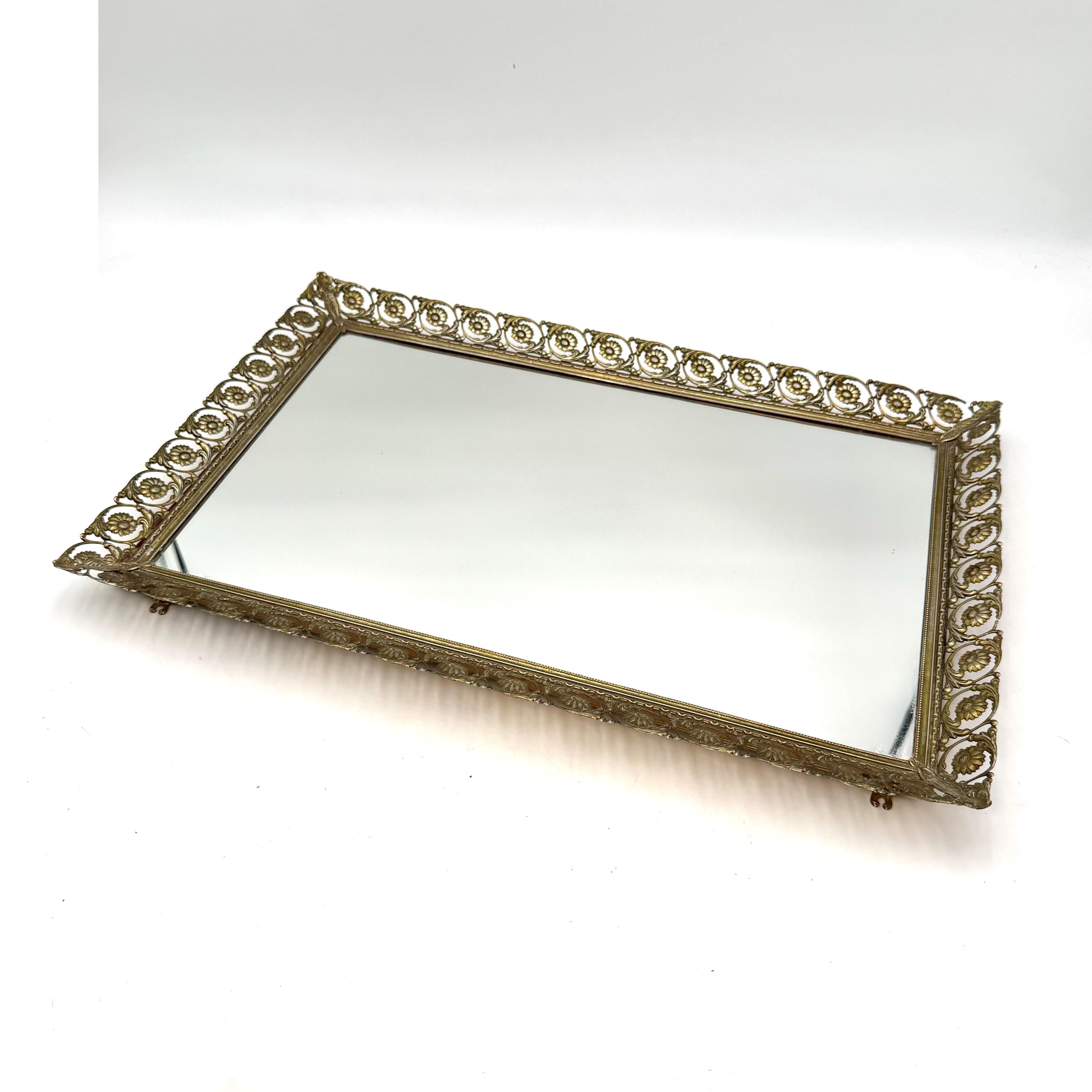 Large Vintage Mirrored Vanity Tray - Gold Metal, Mirror