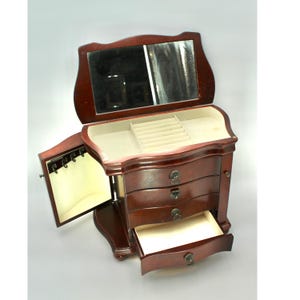 LARGE gorgeous vintage wooden jewelry box - drawers, mirror, wood, tabletop, dresser top, mahogany tone, 1990s, 90s