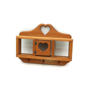Vintage wood wall shelf with hooks - rustic, small, heart cutout, door, large, farmhouse, cottage style, cottagecore, spice rack