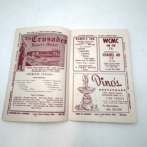 May include: Open vintage brochure featuring advertisements for local businesses and attractions in Wildwood Crest, New Jersey. Includes listings for restaurants, motels, and entertainment venues, with illustrations and contact information.