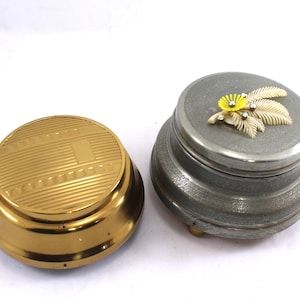 MUSICAL two vintage powder boxes - silver, gold, metal, aluminum, mid century, ceramic, vanity, makeup, 1940s, puff