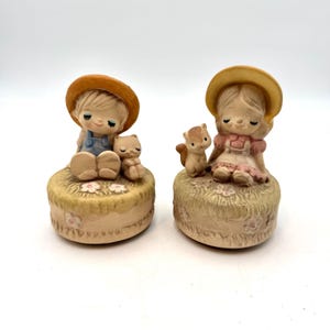 Two vintage 70s Poppet Trixie figurine by UCTCI Japan - musical, pottery, cat, stoneware, 1970s, bohemian, hippie, UCTCI Japan, music box