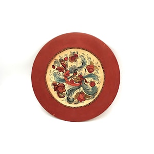 Charming vintage handpainted rosemaling wall plate - wooden, sign, painted, rosemaled, Scandinavian, Norwegian, wall art, painting, orange