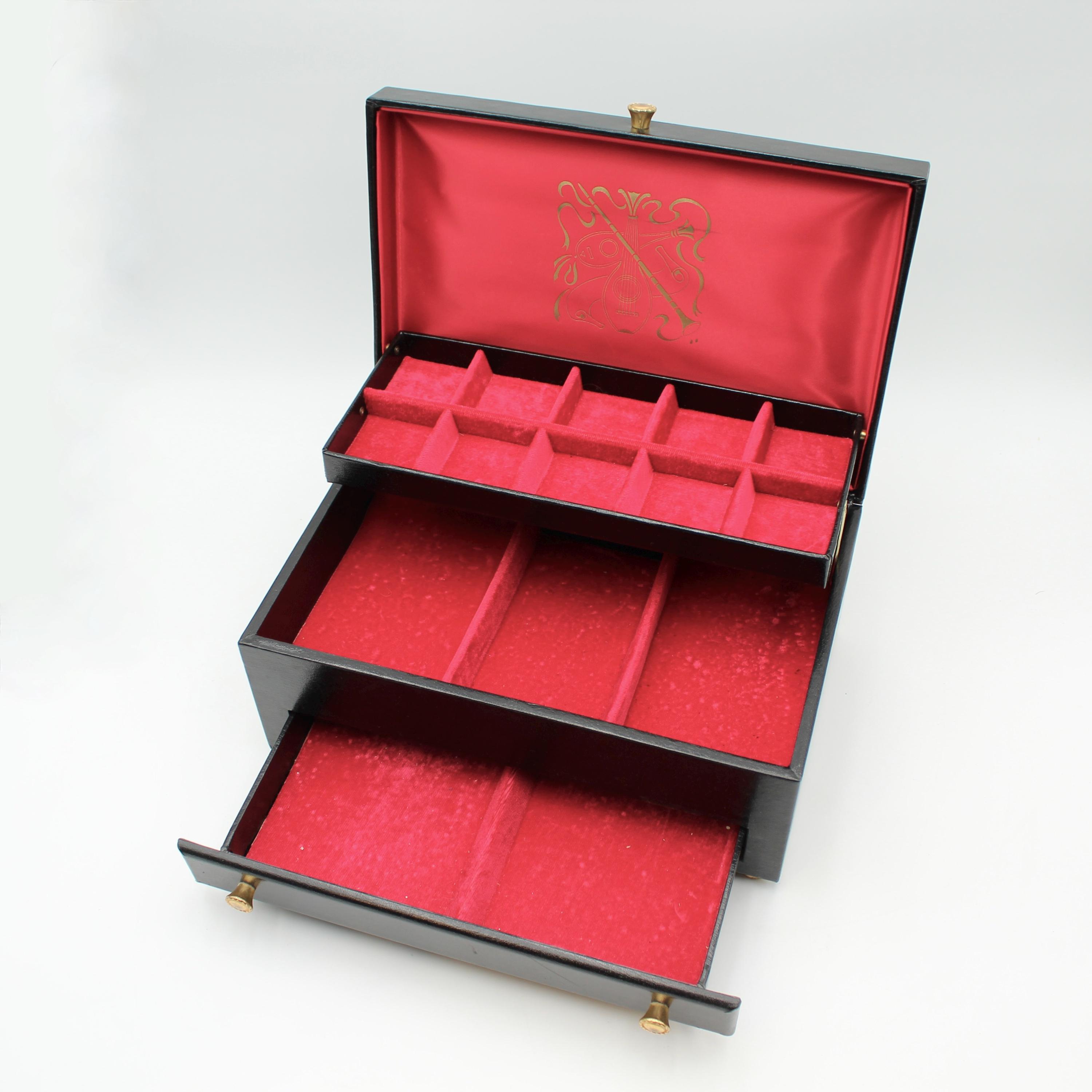 MUSICAL Black Vinyl Lady Buxton Jewelry Box - Vintage, Large, Red