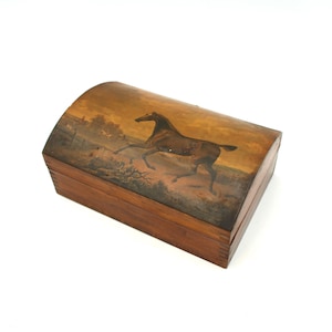 Pretty vintage decoupaged wooden jewelry box - horse on lid, antiqued, small, dovetail construction, storage, decorative
