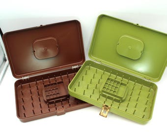 Your choice vintage sewing boxes - Wilson Wil-hold, plastic, storage, tote, handle, green, brown, 1960s or 1970s, notions, thread spools
