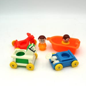 Vintage Fisher Price Little People girl, boy, boat and vehicles - tricycle, horse, toy car, 1980s, 1970s, 80s, 70s