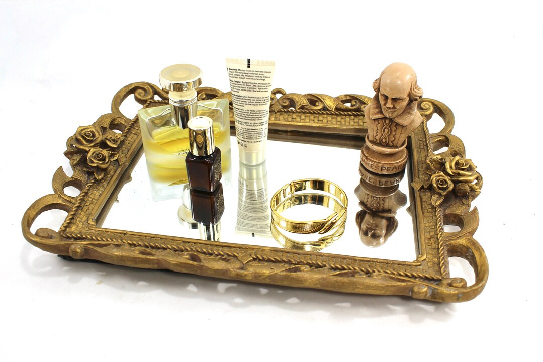 Lovely Vintage Mirrored Vanity Tray Gold Tone Filigree Etsy