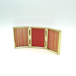 Vintage gold-tone 2x3 picture frame, tri-fold, triple, three, metal, empty, nice for pet/school pictures!