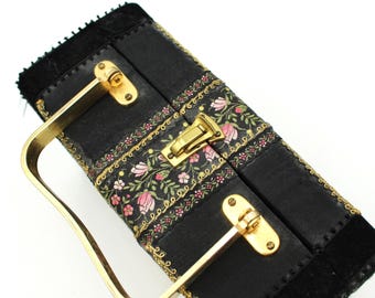 Charming vintage box purse - black fabric, pink floral, gold handle and hardware, top handle, ribbon, satin, mid century, 1950s, 1940s