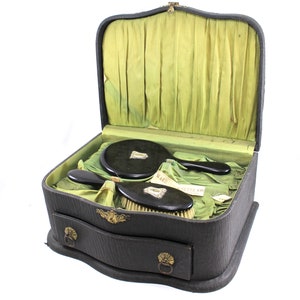 Stunning Victorian era dresser box with ebony wood accessories - hand mirror, hairbrush, green lining, black box, manicure set