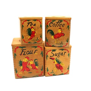 Vintage wood rooster kitchen canisters, hand-painted, set of 4, lids, square, Flour, Sugar, Coffee, Tea, farmhouse decor, country chic!