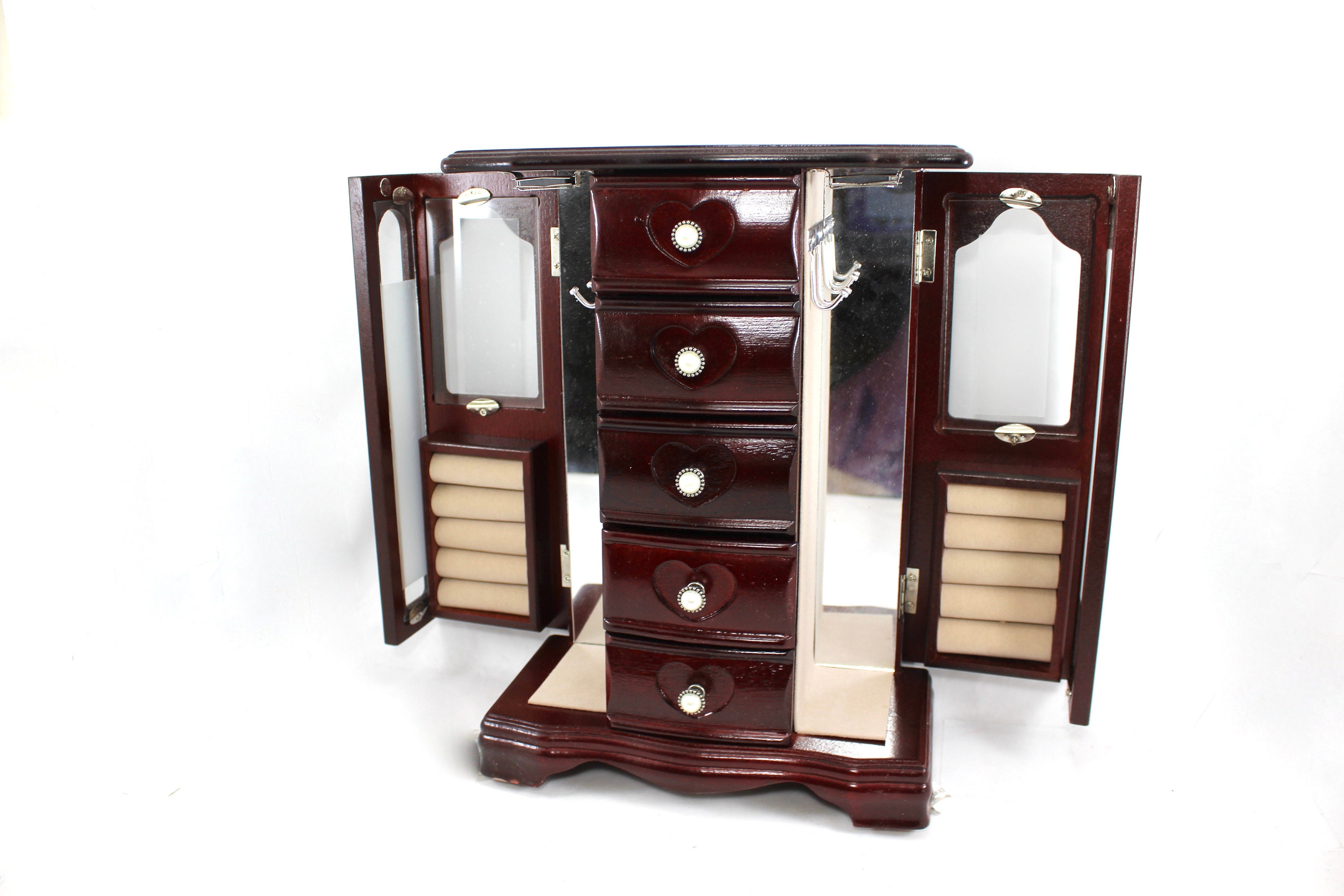 LARGE Vintage Dark Wood Jewelry Box Wooden Glass Doors Etsy