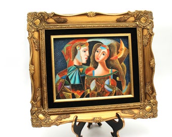 Vintage original cubism framed oil painting - harlequins, C. Loft, artist signed, abstract