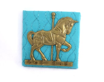 Vintage small hooks wall hanger - key holder, brass carousel horse, gold tone metal, 1980s, pony