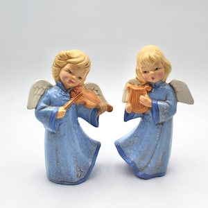 Pretty vintage ceramic Christmas angel figurines - set, two, music, instruments, harp, violin