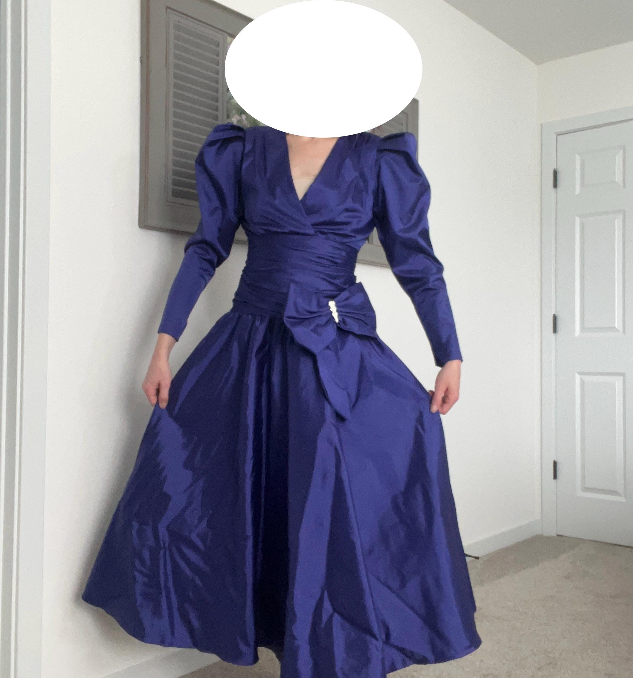 Authentic 1980s blue satin formal dress - true vintage, shiny, shoulder pads, long sleeved, bow, long length, costume