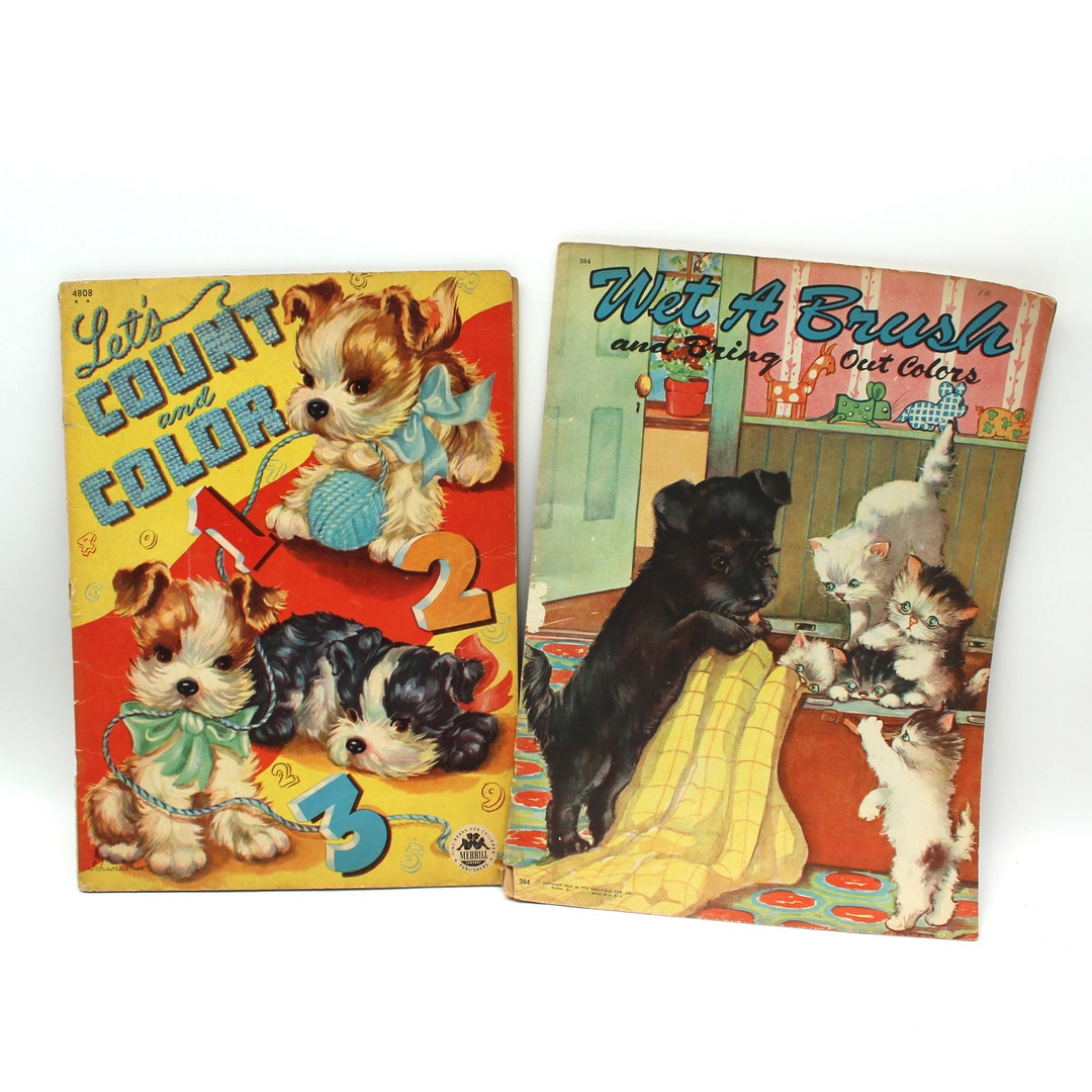 LARGE Two Darling Vintage Animal Coloring Books Dog, Cat, Mid Century ...