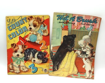 LARGE! Two darling vintage animal coloring books - dog, cat, mid century, paint with water, children, kids, illustrated