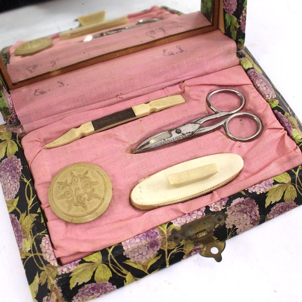 Lovely Victorian celluloid box and nail care kit, buffer, file, scissors, holder, case, vintage, antique, 1900s, 1910s, Edwardian era