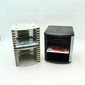 Two vintage CD holders - 1980s, 1990s, vintage, gray, black, desktop, rack, storage, desktop, container, display, computer games, small