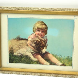 Sweet vintage framed lithograph of a girl and a dog - antique, 1920s, animals, children, small, wall decor, colorful, child&#39;s room picture