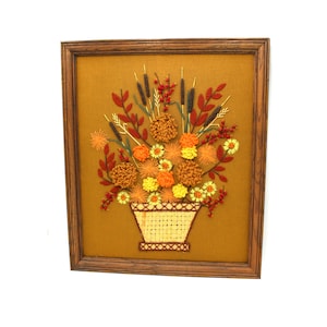 LARGE vintage framed boho crewel needlepoint - floral, flowers, plants 1970s, 70s, embroidery, yellow, red, orange, wooden frame, so retro!