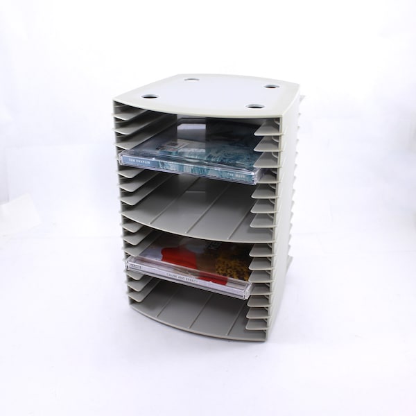 Fun 1980s plastic CD holder - vintage, gray, rack, storage, desktop, container, display, 80s, computer games, small, holds 16 CDs