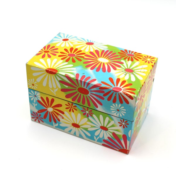 Pretty mod vintage recipe box - for 3x5 cards, metal, yellow, pink, blue, green, 1960s, 1970s, retro, cute for the kitchen!