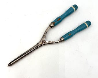 Antique curling iron with blue wooden handles - cordless, stove top, stovetop, 1920s, 1930s, vintage, wand, tool, fashion, hair